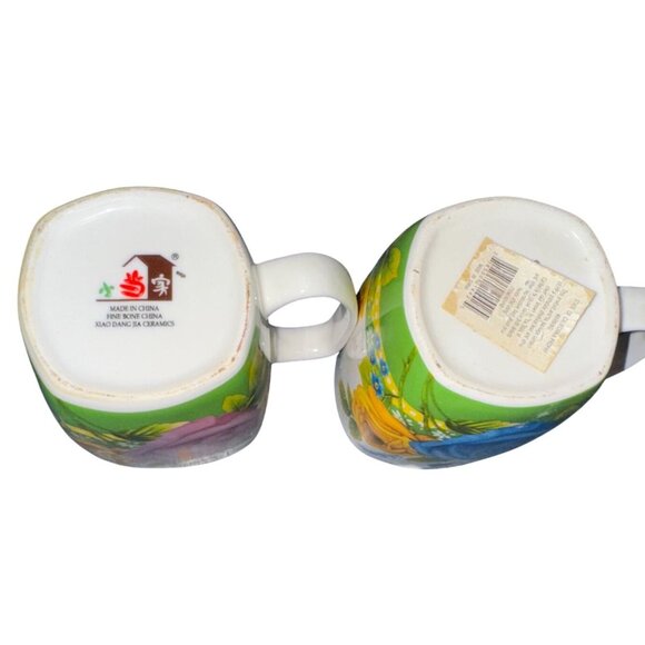 Set Of 2 Floral Ceramic Mugs With Blue & Yellow Rose Design - Picture 9 of 11